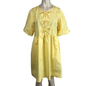 Joie Yellow Cotton Puff Sleeve Smocked Babydoll Dress Bow Detail Women